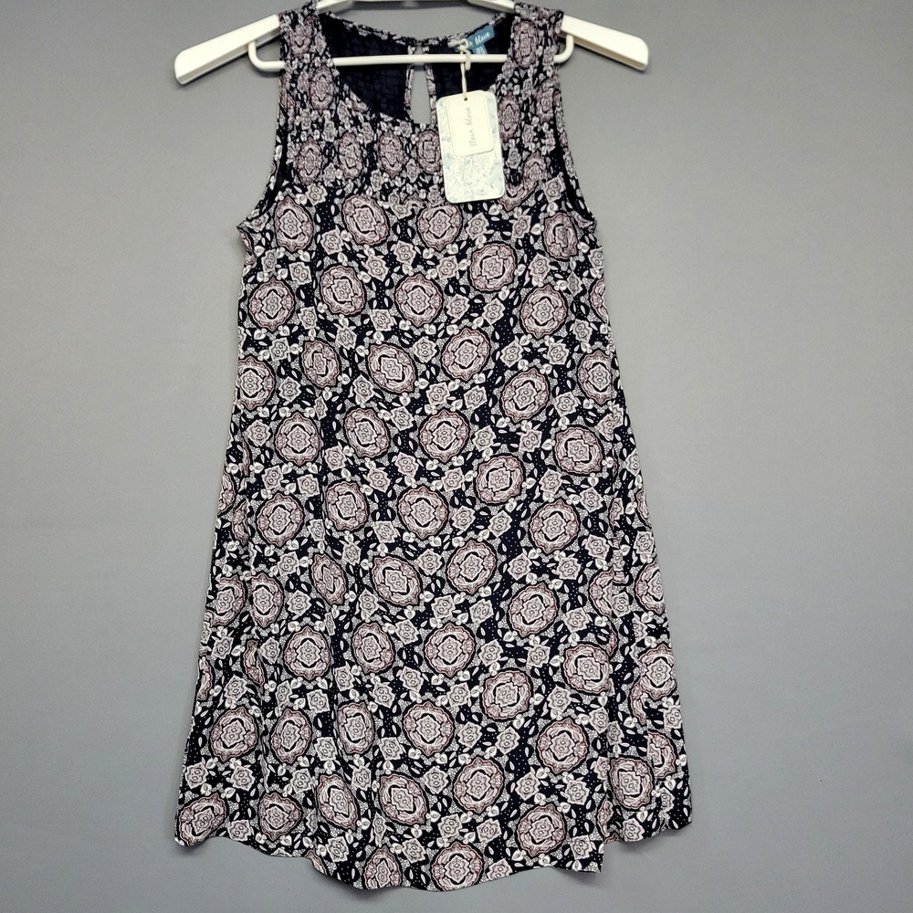 Fleur Bleve Dress Womens 8 Navy Pink Medallion Print Sleeveless Keyhole Shift